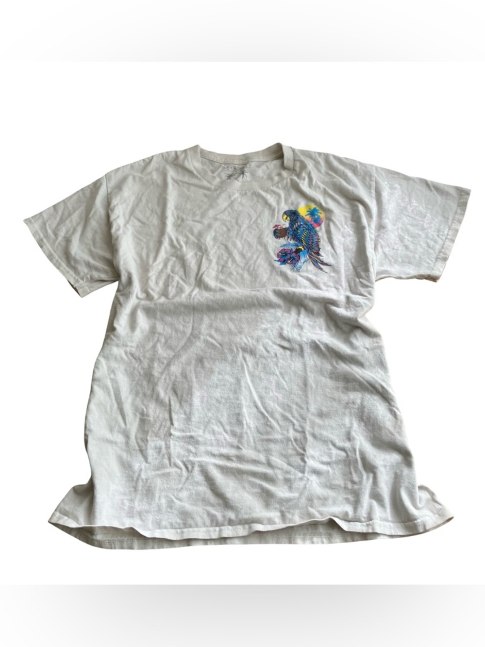 RIOT SOCIETY Parrot Paradise Mens Tee Size Large Crew Neck Off White